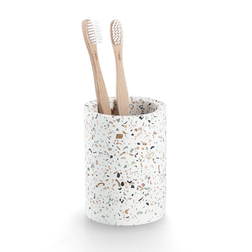 Gobelet à brosses à dents « Terrazzo » en ciment: Blanc / Env. Ø 8,2 x 11 cm