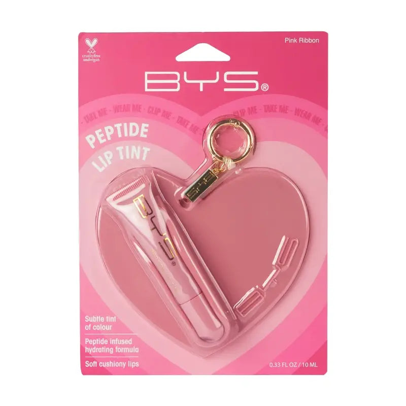 BYS Peptide Lip Tint W porte‑charme cœur pour sac, ruban rose