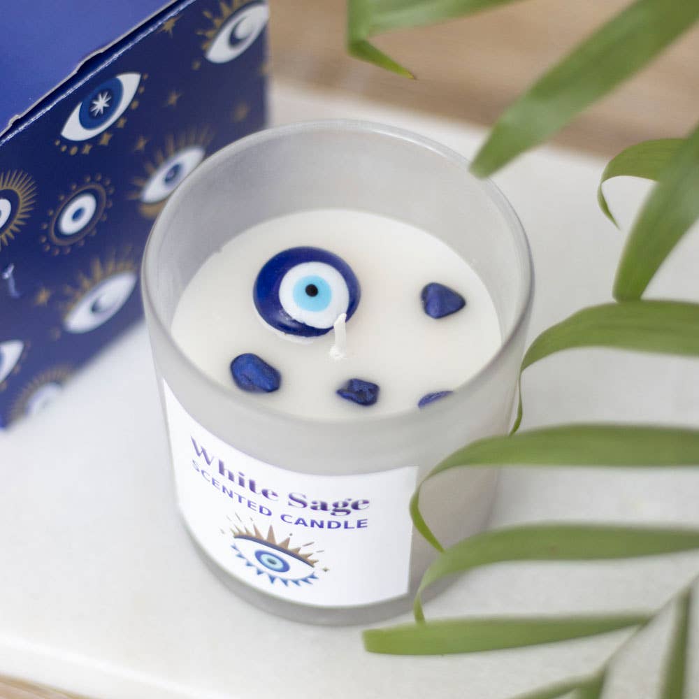 Bougie de protection à la sauge blanche et éclats de cristal avec œil omniscient