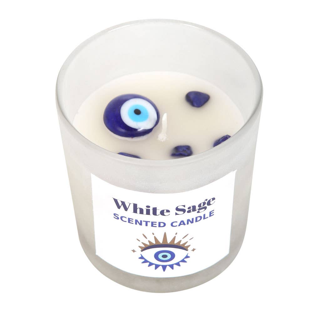 Bougie de protection à la sauge blanche et éclats de cristal avec œil omniscient
