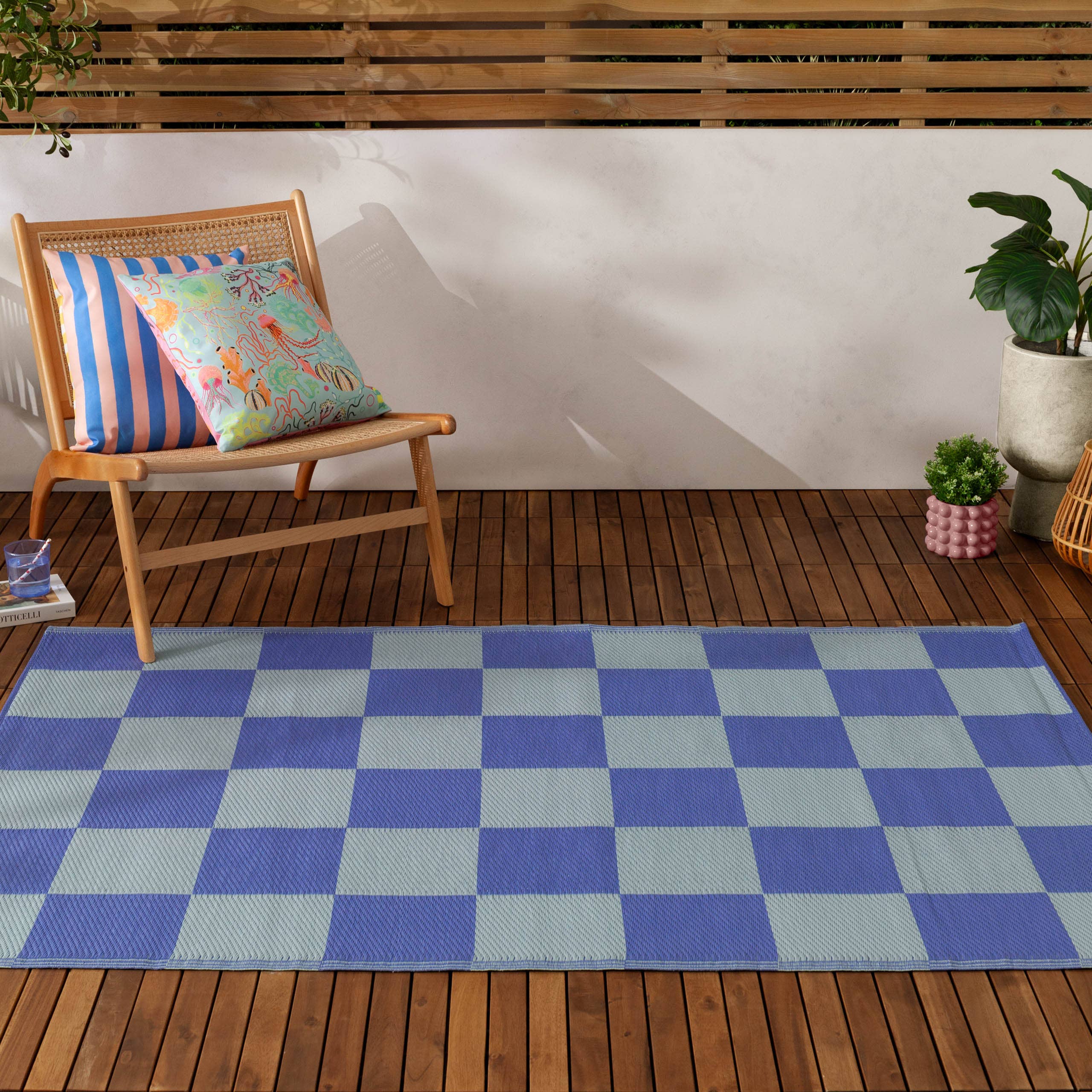 Tapis d’extérieur à damier 120 x 180 cm 100 % recyclé bleu: Bleu / 120 x 180 cm