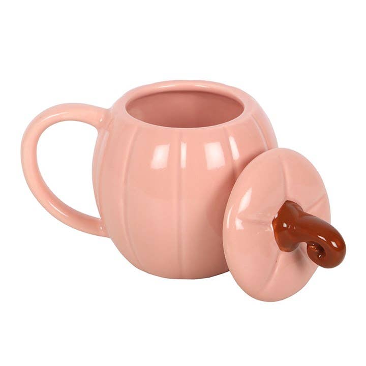 Tasse d'automne rose à couvercle, motif citrouille bouclée
