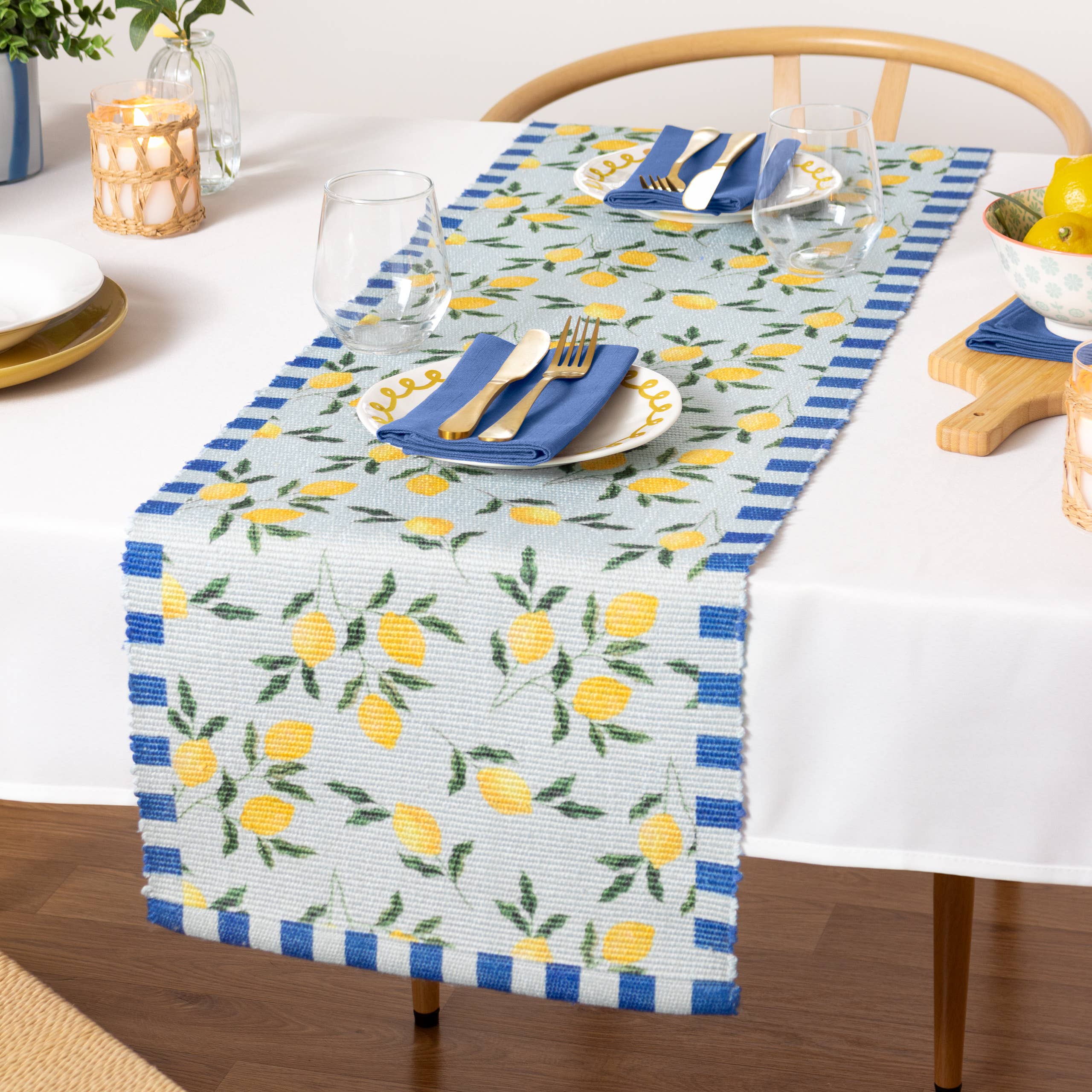 Chemin de table intérieur/extérieur aux citrons bleus: Bleu / 180 x 35 cm