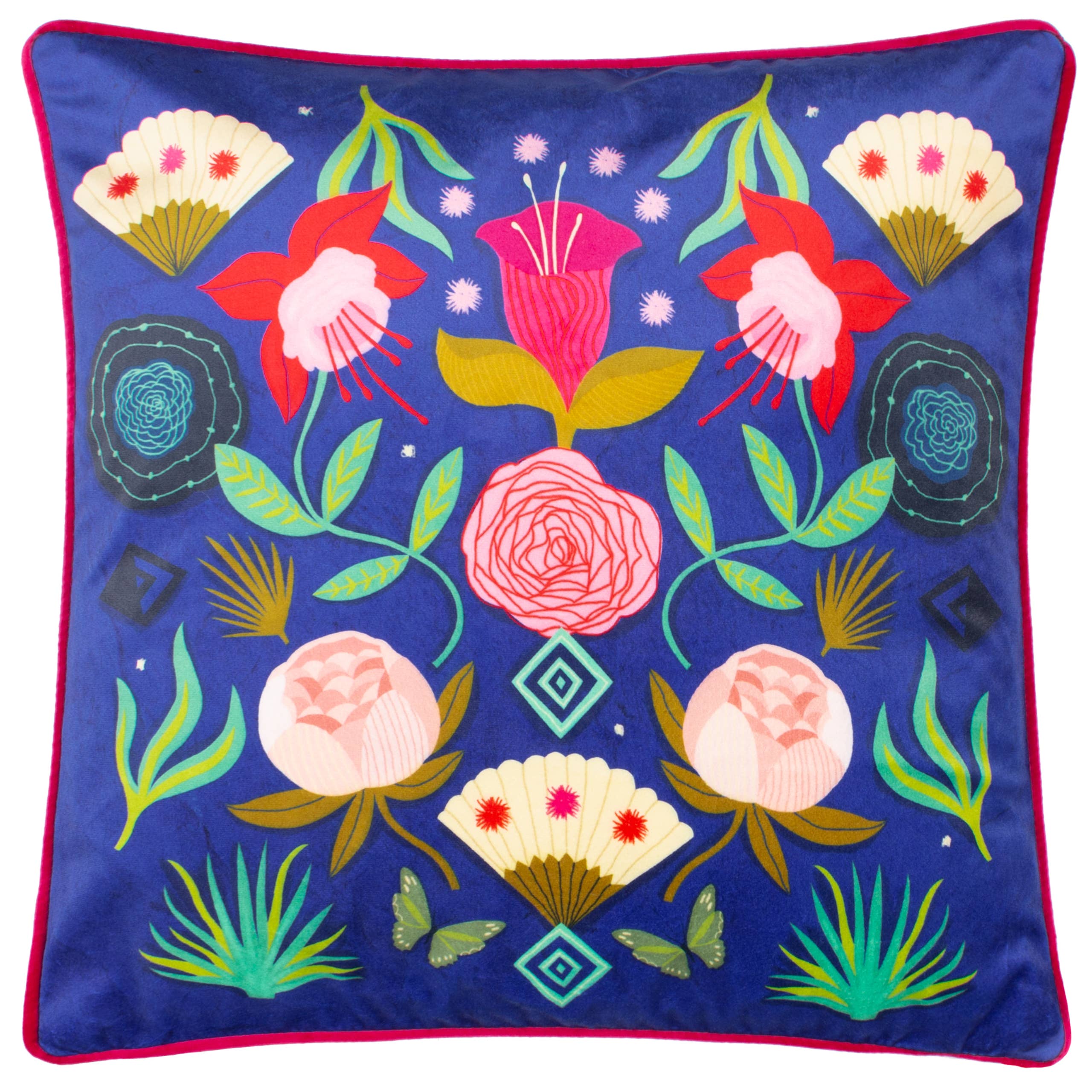 Coussin illustré Fiesta Folk Cobalt: Cobalt / Garni en polyester / 43 x 43 cm