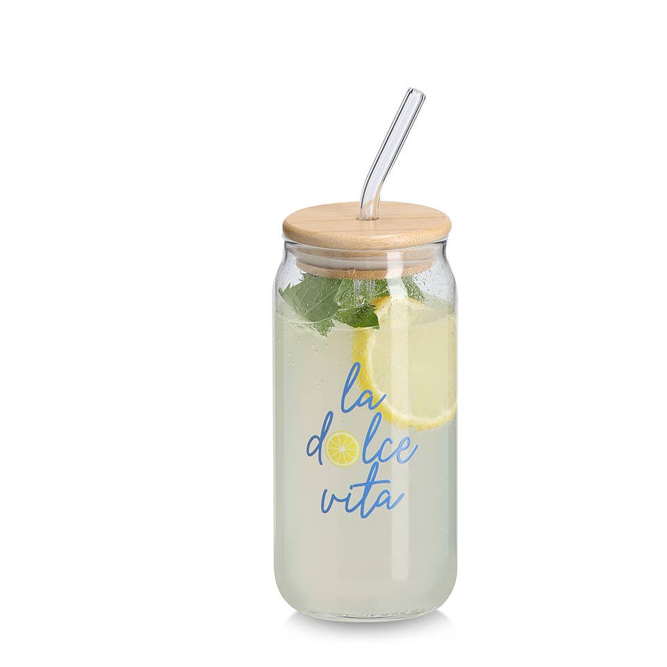 Verre à boire "la dolce vita" avec couvercle en bambou et paille en verre