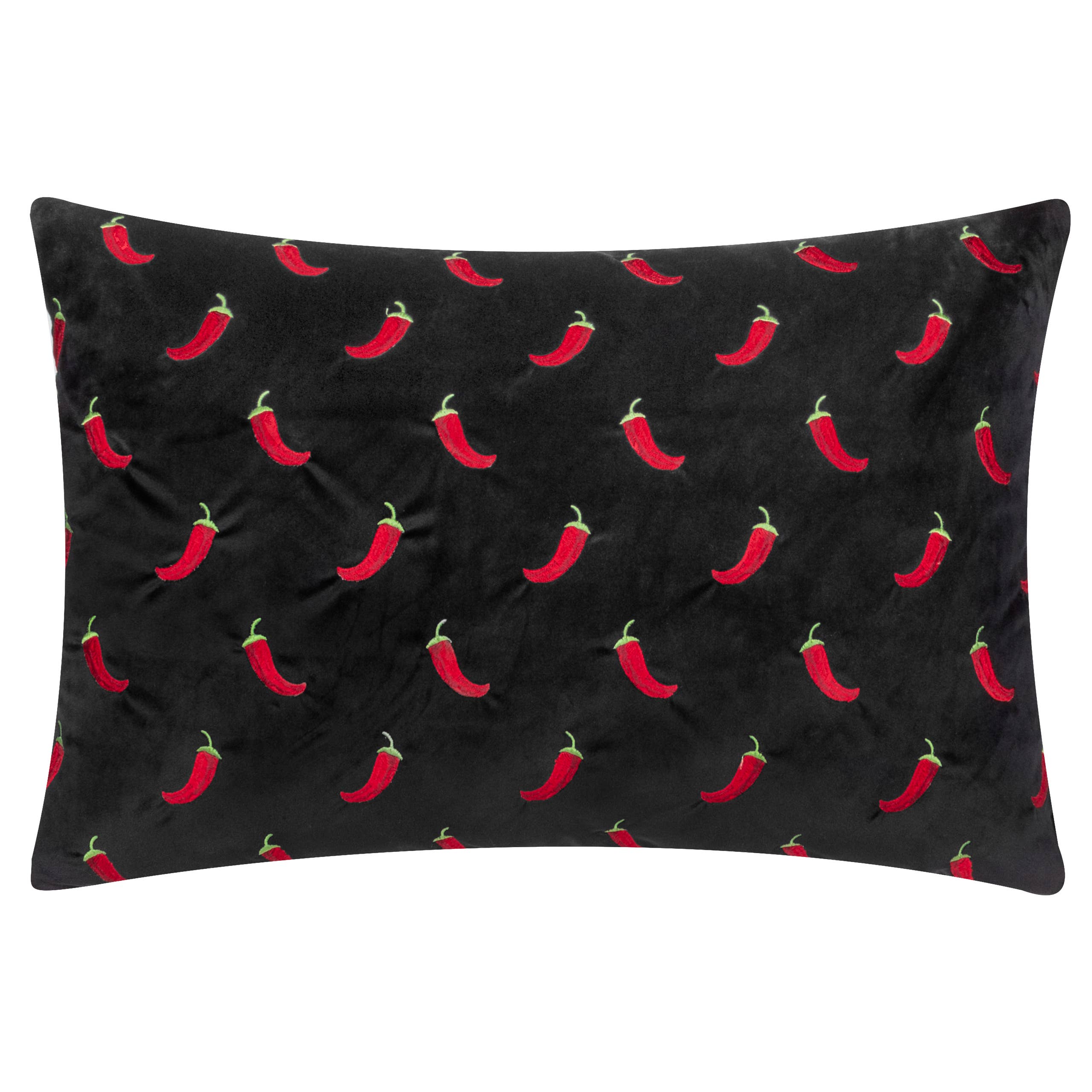 Coussin noir brodé de piments: Noir / Garni en polyester / 40 x 60 cm