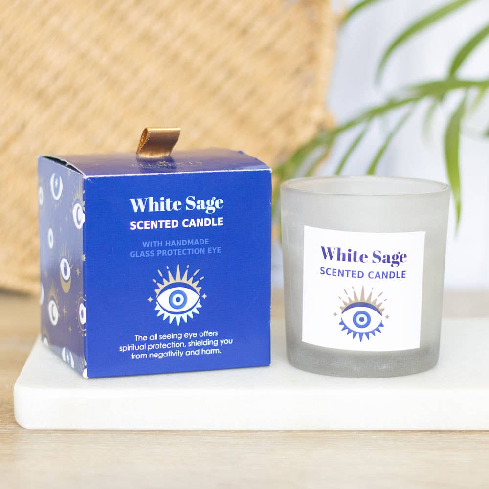 Bougie de protection à la sauge blanche et éclats de cristal avec œil omniscient