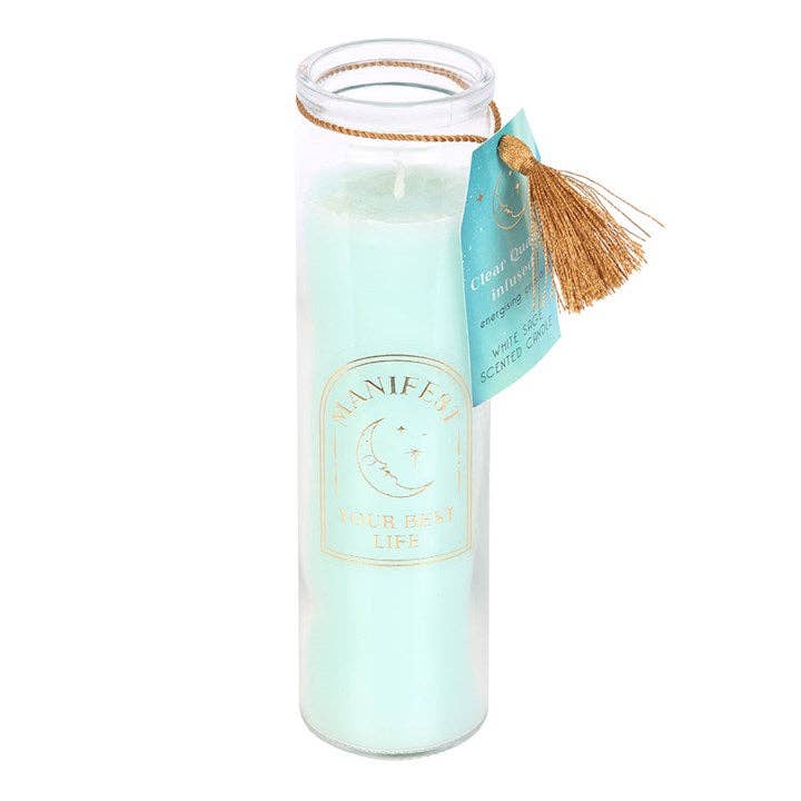 Bougie tube à sauge blanche avec cristaux de quartz clair