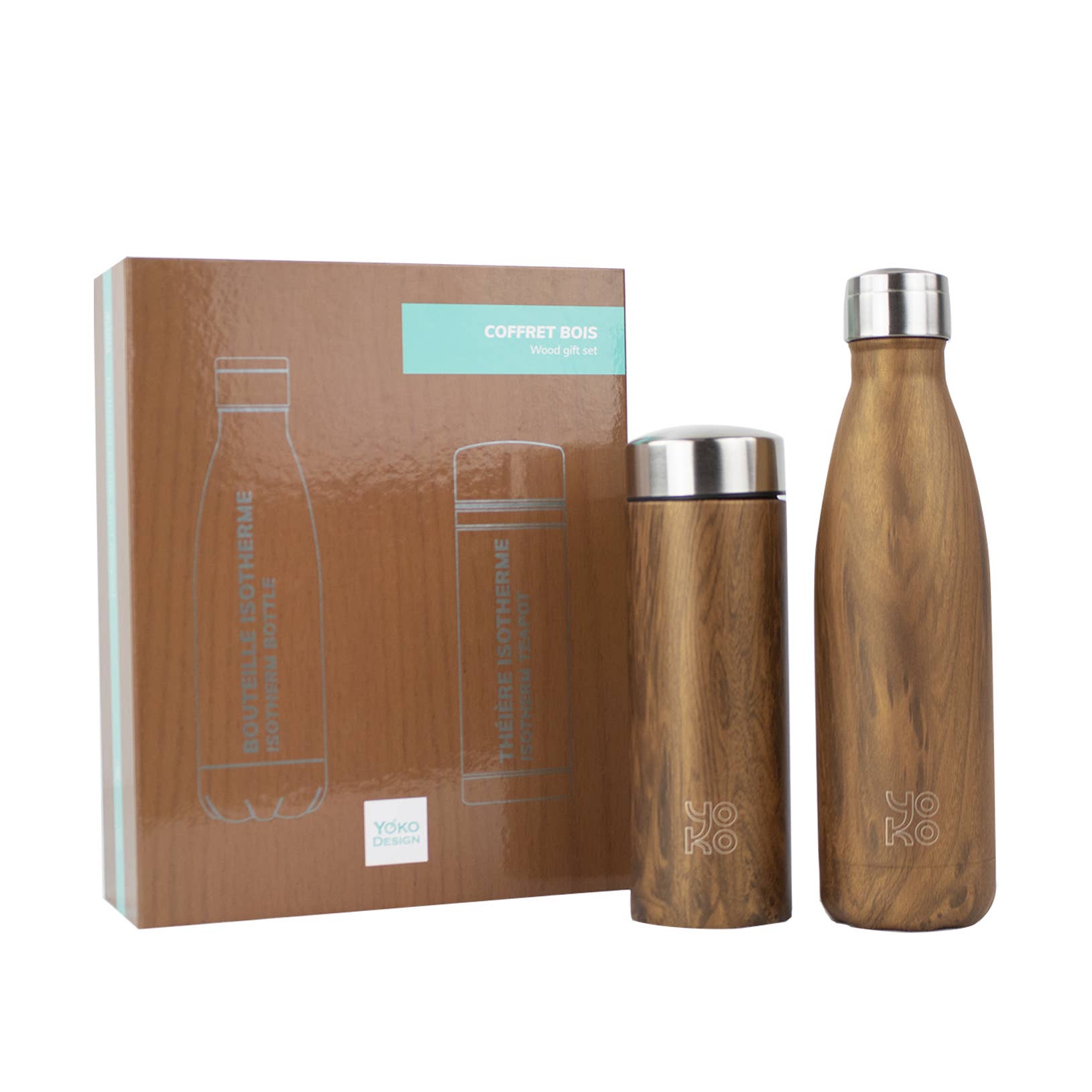 Coffret cadeau « Wood » avec bouteille et théière isothermes