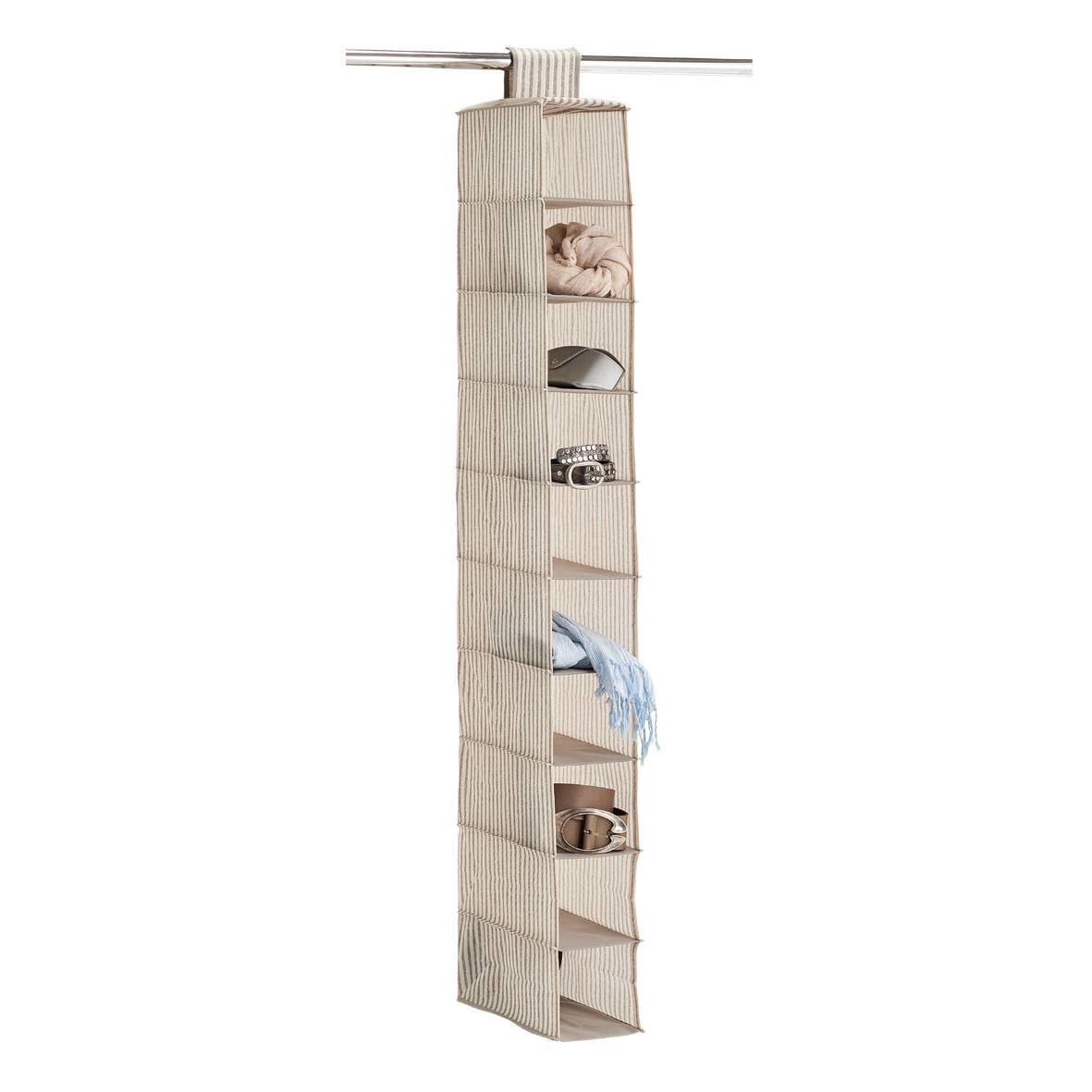 Rangement suspendu "Stripes", 10 compartiments, non-tissé,: Beige / Env. 15 x 30 x 129 cm