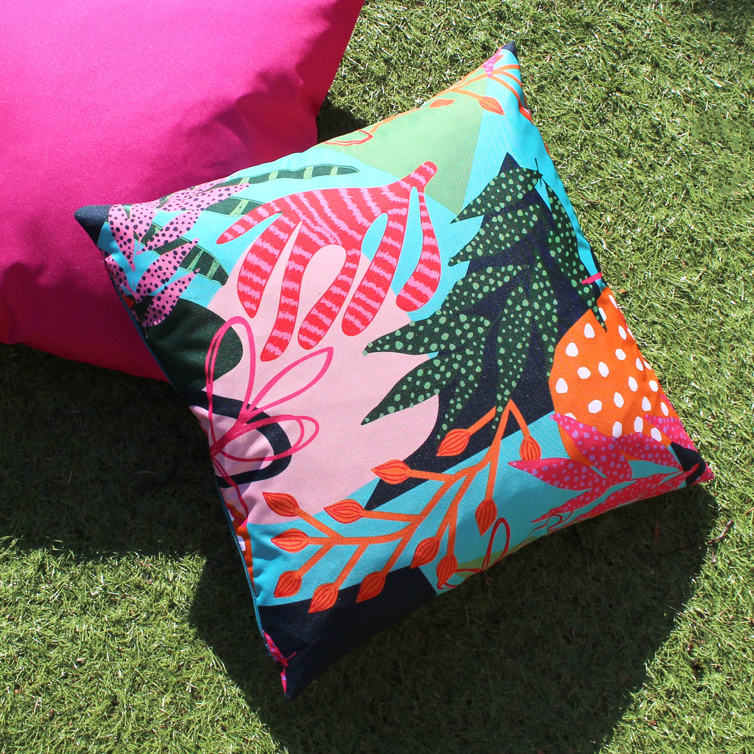 Coussin d’extérieur Coralina aqua/rose: Aqua/Rose / Polyester / 43 x 43 cm