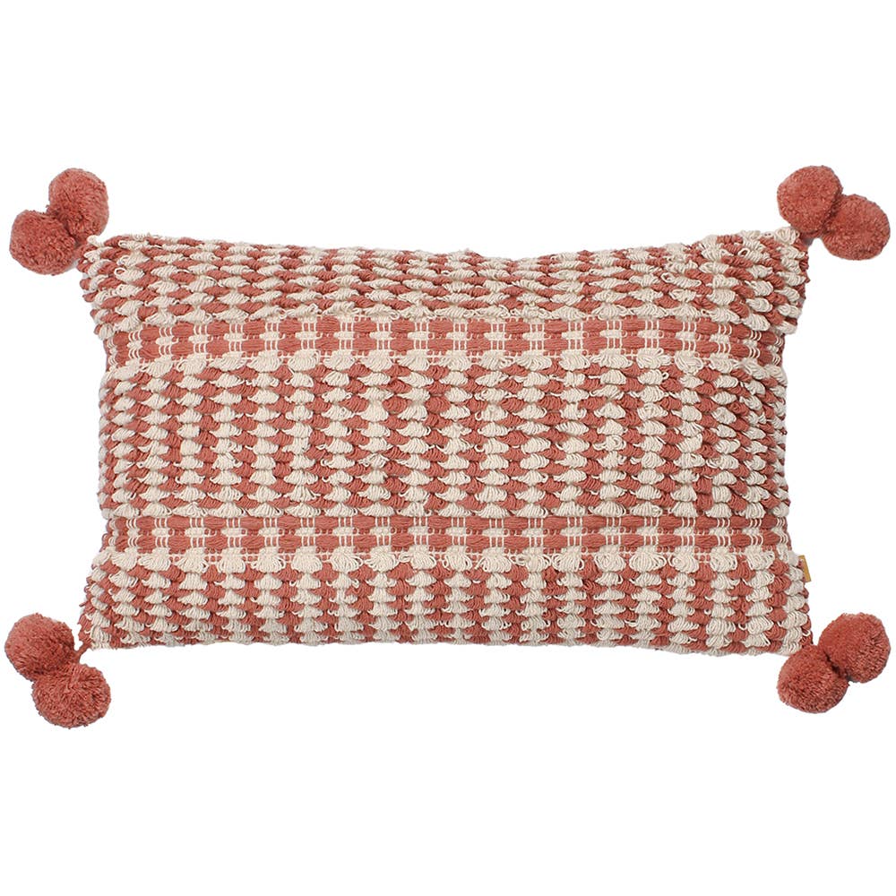 Coussin Ayaan en coton tressé avec pompons - brique: Brique / Garni en polyester / 30 x 50 cm