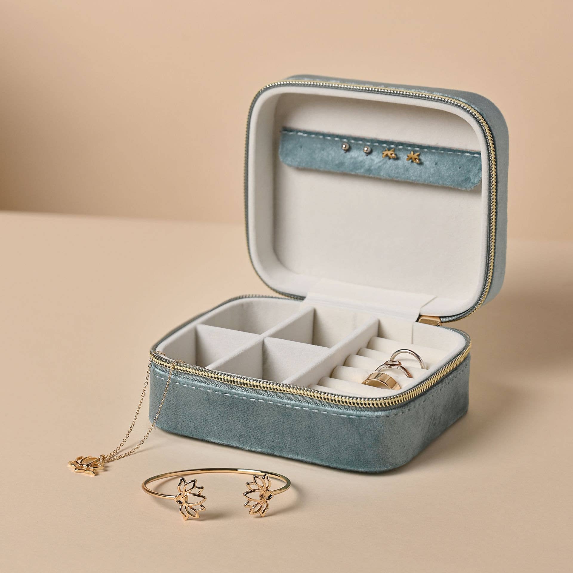 Boîte à bijoux en velours classique Sophia - Bleu canard