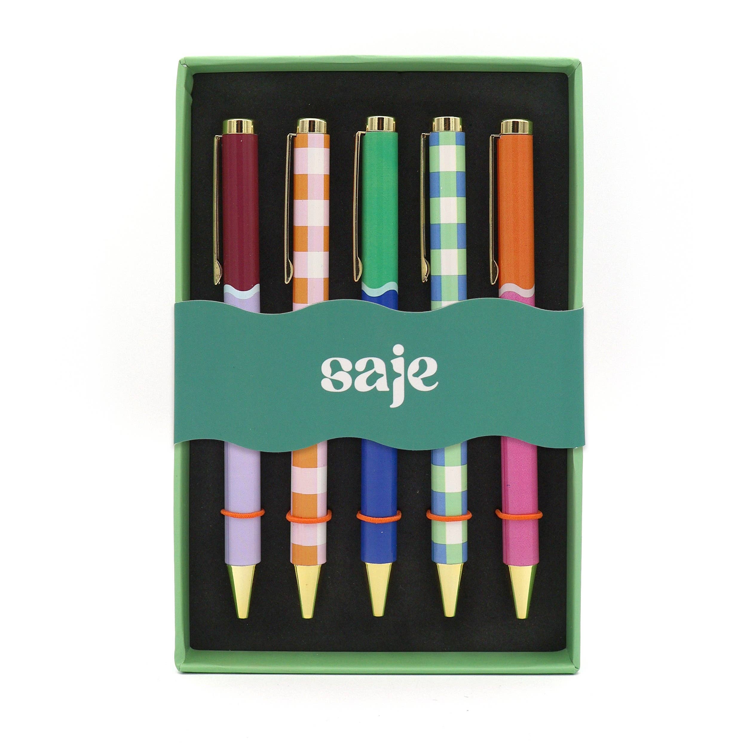 Ensemble de 5 stylos à bille designs variés Saje en boîte cadeau
