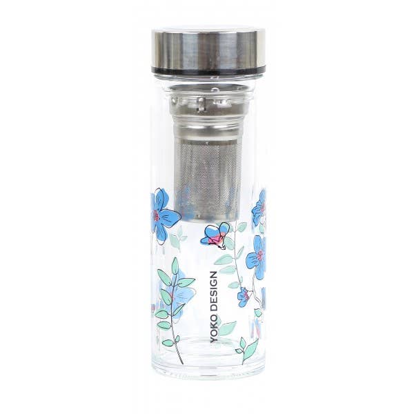 Tasses à thé en verre double paroi avec fleurs bleues 350 ml