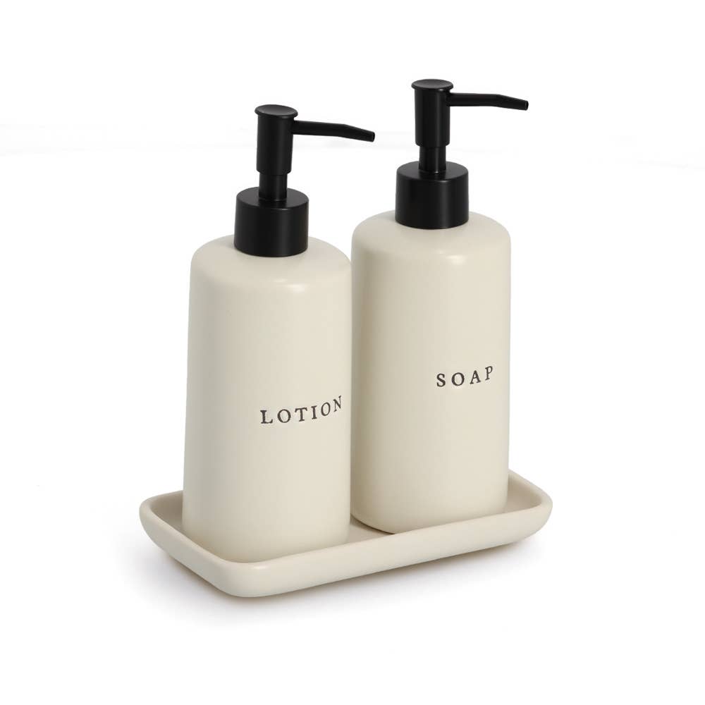 Ensemble distributeurs savon et lotion, 3 pièces en céramique: Mousse / Env. 18 x 9,5 x 21,5 cm